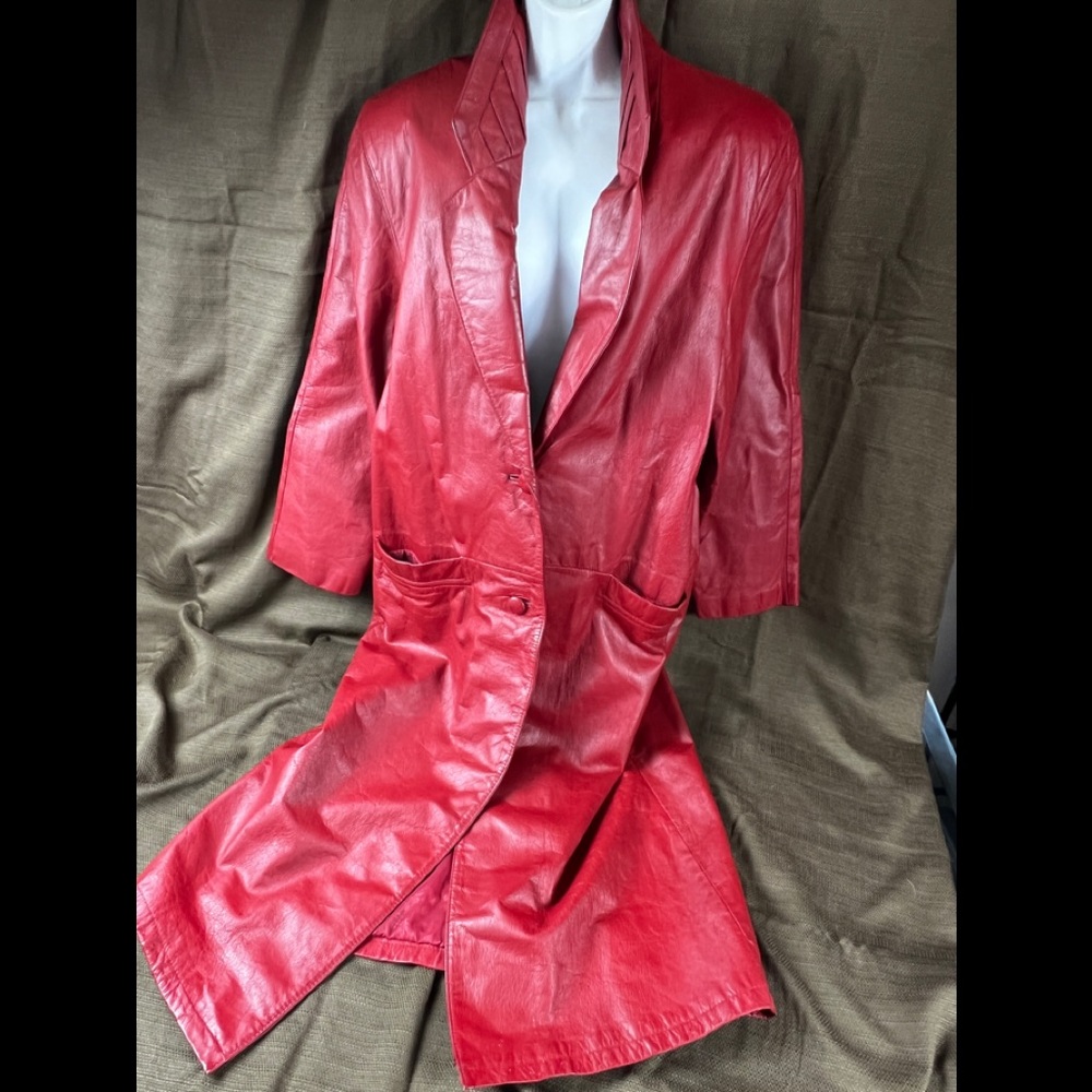 Vintage Designer Coat size Medium by Charles Klein Red Leather Long Coat.